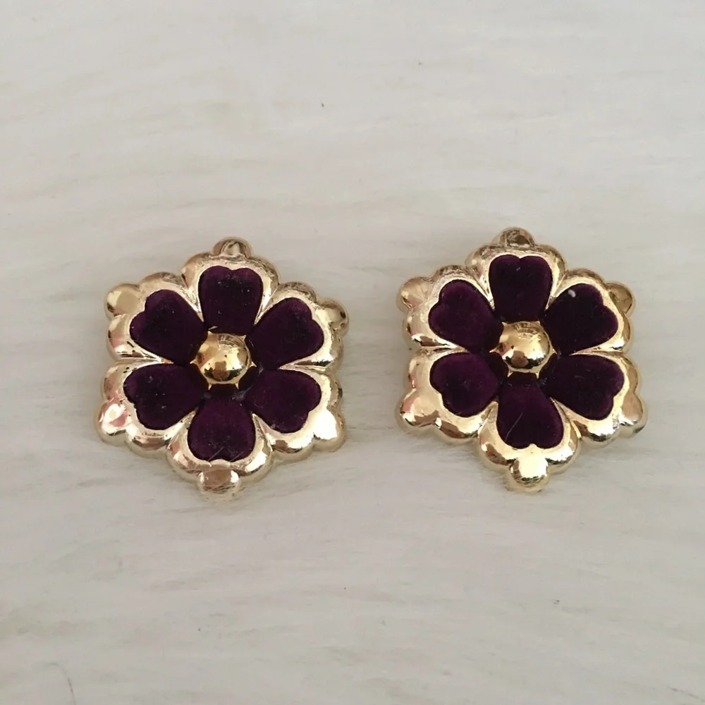 Velvet Purple and Gold Flower Clip on Earrings